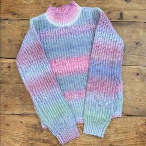 Lands’ End Girls Mock Neck Sweater | Size L (10–12) | Pastel Stripe Knit